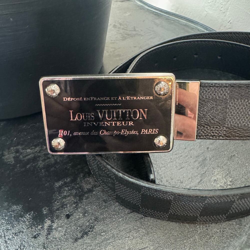 Louis‎ Vuitton Inventeur Graphite Black Mens Belt 95/38 Box Frame Buckle SHW - Picture 3 of 9